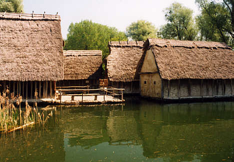 Pfahlbaumuseum Unteruhldingen  - Blick von vorn in die Häusergruppe.