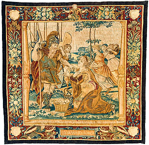 Tapisserie mit dem alttestamantarischen König David und Abigail. David steht, Abigail kniet vor ihm