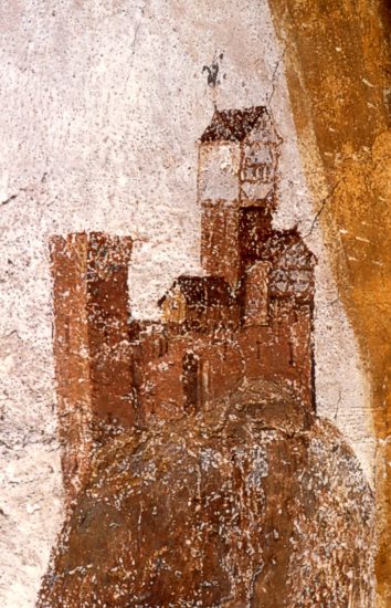 Einzige Ansicht der Burg Staufen vor ihrer Zerstörung in der Oberhofenkirche Göppingen, 1938 aufgedeckt. Bild: Stadt Göppingen (public domain)