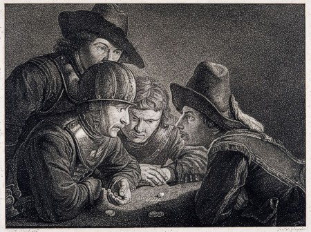 Friedrich Koch (1771 – 1832), Die Würfelspieler, undatiert. Radierung. Nach einem Gemälde von Govert Flinck (1615 – 1660)