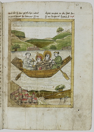 Das bebilderte St. Galler Legendar des Conrad Sailer: Die Überfahrt der hll. Columban und Gallus auf dem Bodensee von Arbon nach Bregenz 1451/60. Stiftsbibliothek St. Gallen, Cod. Sang. 602, S. 33. © Stiftsbibliothek St. Gallen