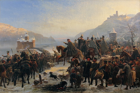 Wilhelm Camphausen: Rheinübergang der 1. Schlesischen Armee bei Kaub am 1. Januar 1814. 1860. Mittelrhein Museum Koblenz. © Mittelrhein Museum Koblenz 