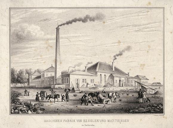 Ansicht der Maschinenfabrik Keßler & Martiensen, Karlsruhe, ca. 1840. Generallandesarchiv Karlsruhe J-B Karlsruhe 12