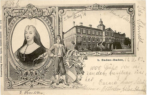 Markgräfin Sibylla Augusta und Schloss Favorite. Postkarte 1903. Foto: Kreisarchiv Rastatt