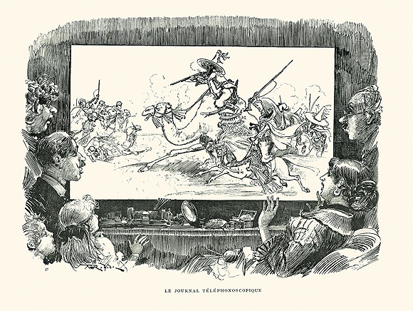Albert Robida: Le journal téléphonoscopique, in: Le vingtième siècle. Holzstich, Paris 1883