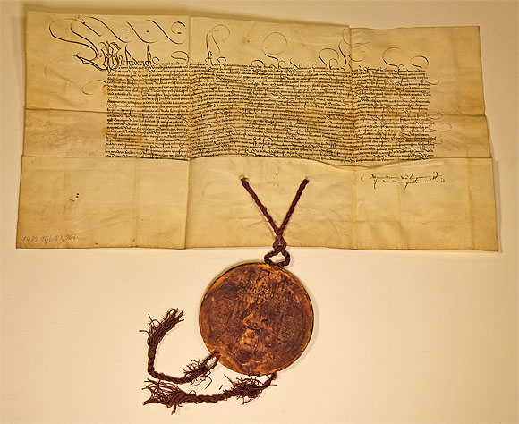 Verleihungsurkunde Kaiser Friedrichs III. für die Ritter von Fleckenstein. 23.09.1480. (Staatsarchiv Freiburg, T 100)
