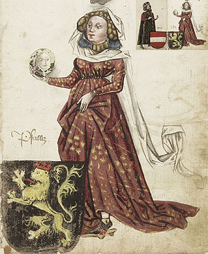 Albrecht VI. von Österreich und Mechthild von der Pfalz. Miniaturen im Codex Ingeram, 1459. Detail: Pfalzgräfin Mechthild. Aquarell- und Deckfarben auf Papier, ursprünglich etwa 30 x 21 cm (später vergrößert). Wien, Kunsthistorisches Museum, Hofjagd- und Rüstkammer, Inv.-Nr. A 2302