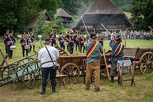 Szene aus der Revolution von 1848: Freischärler hinter der Barrikade gegen badische Truppen.