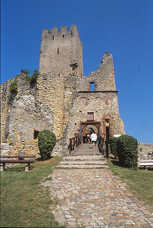 Toranlage der Burg Rötteln. Der Weg führt über flache Stufen über eine Brücke zur Burg.
