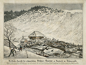 Illustration des 19. Jahrhunderts über eine Schneelawine im Schwarzwald. 